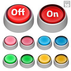 Push buttons with on off state and aluminum style mounting bezel, pressed and unpressed in various retro arcade colors.