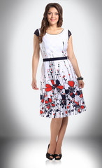 in full growth. smiling woman in summer in elegant summer outfit.