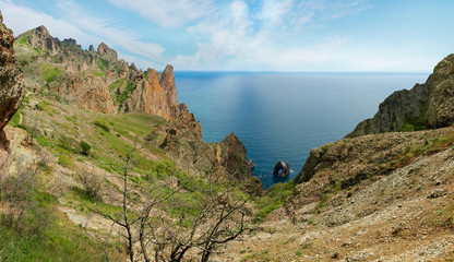 Coastal cliffs of volcanic origin above the sea