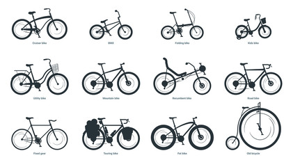 Bicycle types silhouette illustration set