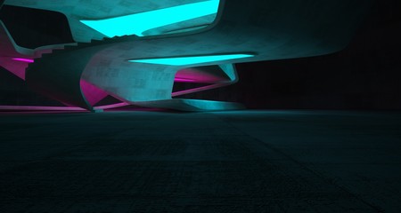 Abstract architectural concrete smooth interior of a minimalist house with color gradient neon lighting. 3D illustration and rendering.