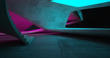 Abstract architectural concrete smooth interior of a minimalist house with color gradient neon lighting. 3D illustration and rendering.