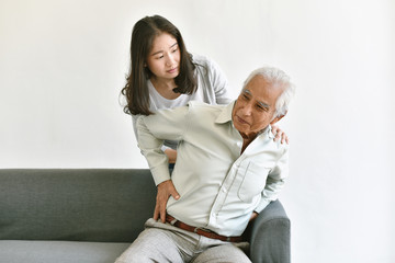 Arthritis joint pain problem in old man, Elderly asian man with hand on hip gesture, Daughter...