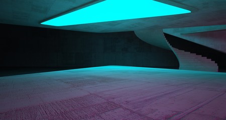 Abstract architectural concrete smooth interior of a minimalist house with color gradient neon lighting. 3D illustration and rendering.