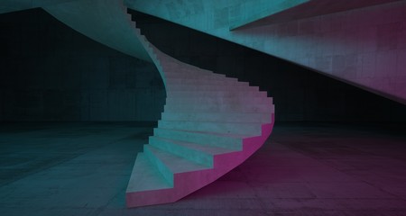 Abstract architectural concrete smooth interior of a minimalist house with color gradient neon lighting. 3D illustration and rendering.