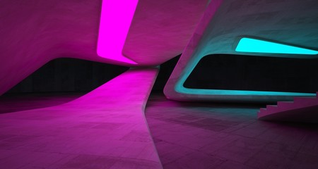 Abstract architectural concrete smooth interior of a minimalist house with color gradient neon lighting. 3D illustration and rendering.