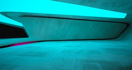 Abstract architectural concrete smooth interior of a minimalist house with color gradient neon lighting. 3D illustration and rendering.