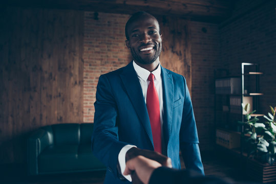 Photo of dark skin guy meet new candidate for interview wear elegant costume sitting office chair