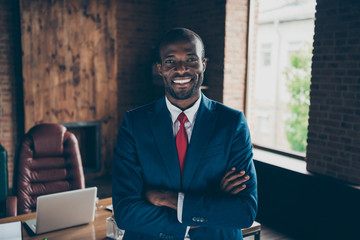 Photo of dark skin guy best trader wear elegant costume sitting office chair