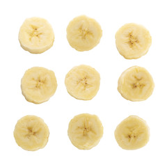 Peeled banana slices isolated over a white background.