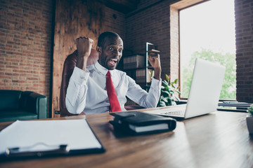 Photo of dark skin guy got investment for startup wear elegant costume sitting office chair