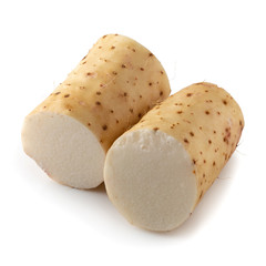 Yamaimo roots and slices or Chinese yam isolated over white background