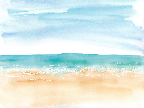 ビーチと水平線とラフな空、水彩イラスト