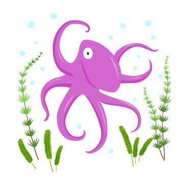 Purple octopus animal flat character isolated on white background. Cartoon poulpe for design, logo, background, card, print, sticker