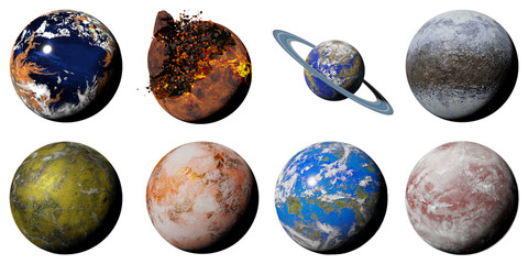 collection of alien planets isolated on white background, nearby exoplanets © dottedyeti