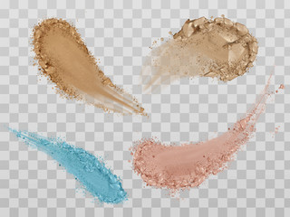 Skin foundation smears, dry powder, eye shadows brush strokes set. Beauty make up cosmetics texture swatch, smudge trace samples isolated on transparent background. Realistic 3d vector illustration - obrazy, fototapety, plakaty
