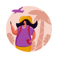 Young woman tourist with backpack traveling on holiday trip.Taking a photo with a phone camera.Vacation concept tropical nature background.Vector illustration with flat cartoon characters.