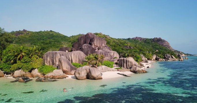 Aerial Backward: Beautiful Beach Area of Seychelles La Digue