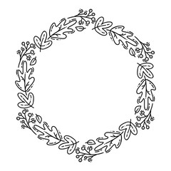 Vector monoline frame autumn bouquet wreath. Leaves, berries and other autumnal elements isolated on white background. Perfect for seasonal holidays, Thanksgiving Day