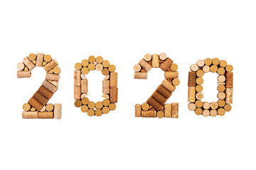 Isolated number made of wine corks. New Year 2020 isolated on white background.