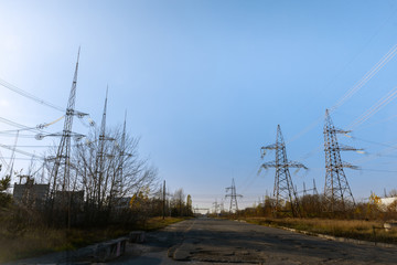 Large pylons at power distributing station