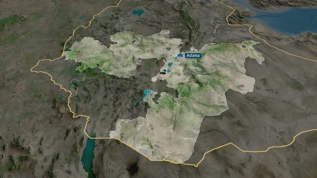 Oromia - state of Ethiopia with its capital zoomed on the satellite map of the globe. Animation 3D