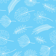 Fototapeta na wymiar Seamless pattern with tropical leaves on blue background