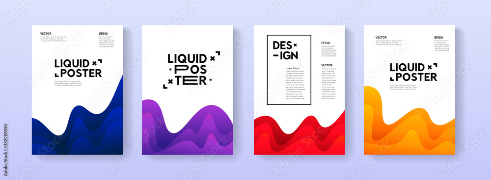 Poster Dynamic posters set with liquid fluid shapes. A4 size abstract layered gradient background illustrations for brochure, banner, print, flayer, card.