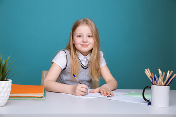 education and school concept - smiling little student girl with many books at school