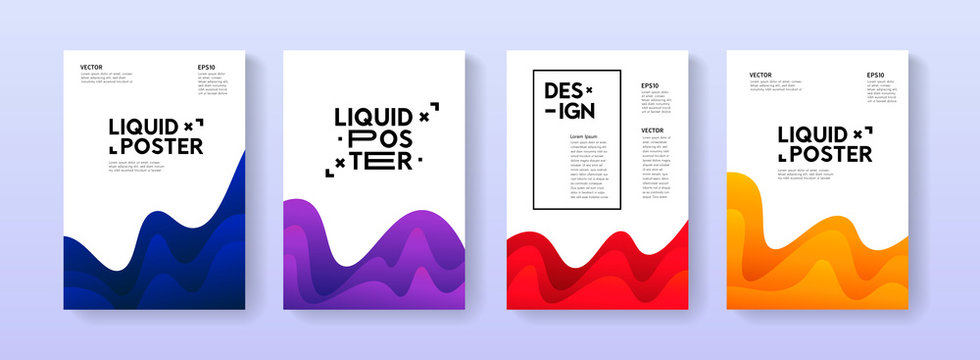 Dynamic posters set with liquid fluid shapes. A4 size abstract layered gradient background illustrations for brochure, banner, print, flayer, card.