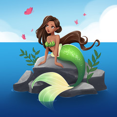 Cute mermaid with brown hair and green tail sitting on stone. Hand drawn cartoon illustration. Isolated on white. © TomatoLaccoon