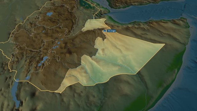 Somali - state of Ethiopia with its capital zoomed on the physical map of the globe. Animation 3D