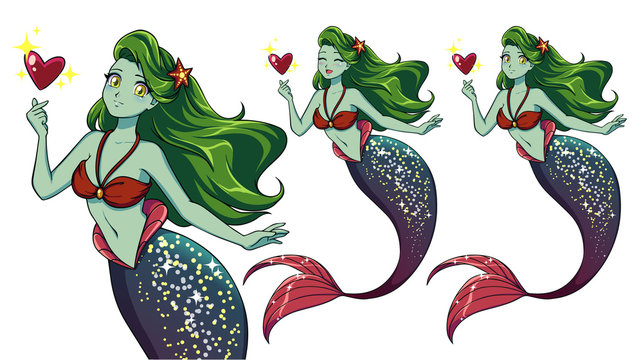 Pretty anime mermaid holding magical heart. Green hair, green skin and shiny purple fish tail.