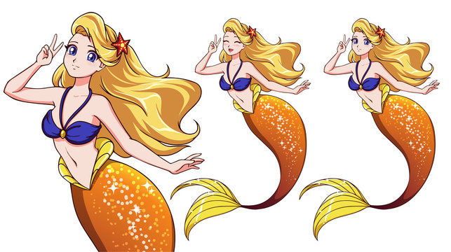 Pretty anime mermaid using a V sign. Blonde hair and shiny golden fish tail.