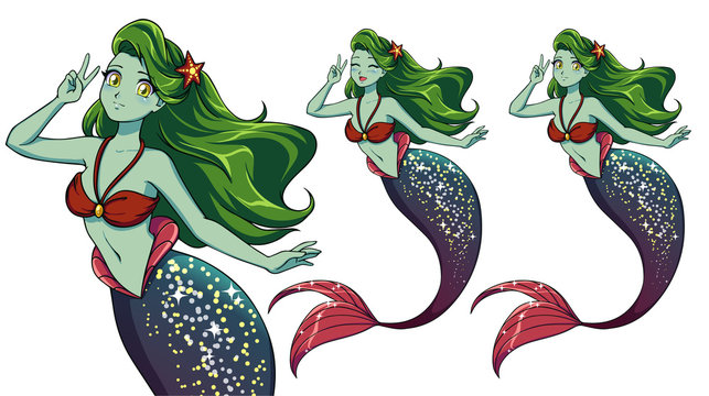 Pretty anime mermaid using a V sign. Green hair, green skin and shiny purple fish tail.