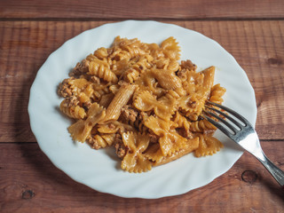 Dark flour paste with Turkey minced meat on a white round plate