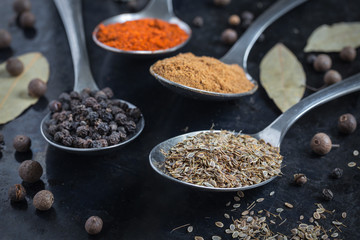 Spices in spoons on a dark background