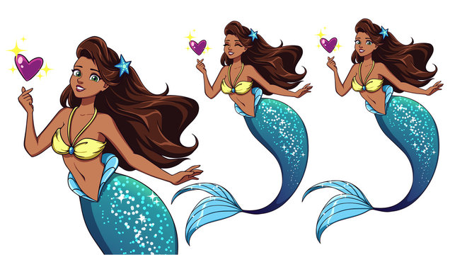 Pretty cartoon mermaid holding magical heart. Brown hair and shiny blue fish tail.