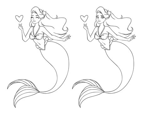 Pretty cartoon mermaid holding a heart. Open and closed eyes versions.