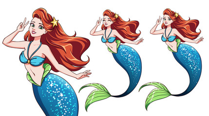 Pretty cartoon mermaid using a V sign. Red hair and shiny blue fish tail.