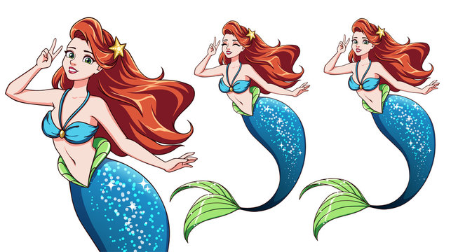 Pretty cartoon mermaid using a V sign. Red hair and shiny blue fish tail.