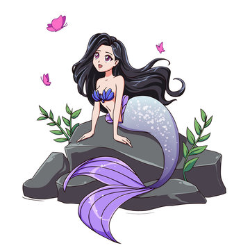 Cute mermaid with black hair and grey tail sitting on stone.