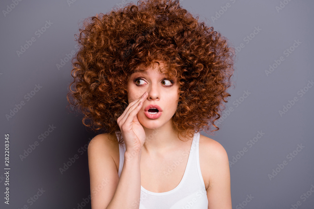 Canvas Prints Close up photo of pretty lady hold arm near mouth gossip girl chatterbox share novelty wear white tank-top isolated grey background