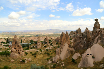 Beautiful panoramic view of pink valley  in Cappadocia. Free lifestyle. Cappadocia region of Turkey, Asia. Traveling concept background.