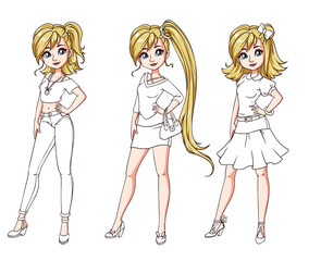 Set of three blondie girls with different haircuts and clothes. Colored body with white costume. Hand drawn cartoon illustration. Can be used for coloring books, paper dolls, mobile games, study etc.