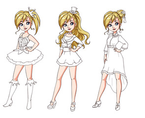 Set of three cute girls with celebration haircuts and clothes. Colored body with white costume. Hand drawn cartoon illustration. Can be used for coloring books, paper dolls, mobile games, study etc.