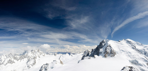 Air view. Beautiful dramatic cloudy sky , mountains and snow peaks. Mont Blanc. Chamonix. France