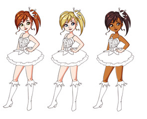 Set of three different girls wearing Christmas elf costume. Colored body with white costume. Hand drawn cartoon illustration. Can be used for coloring books, paper dolls, mobile games, study etc.