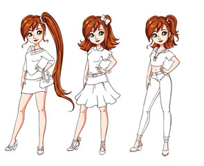 Set of three cute girls with different haircuts and clothes. Colored body with white costume. Hand drawn cartoon illustration. Can be used for coloring books, paper dolls, mobile games, study etc.