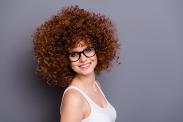 Profile close up photo of pretty foxy lady ready first study year optimistic wear specs white tank-top isolated grey background